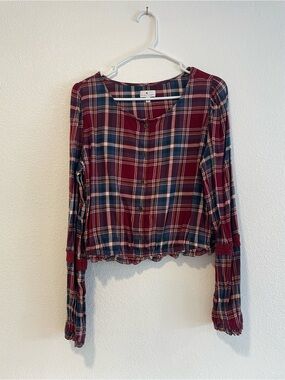 100% Cotton True Craft Dark Red/Blue Plaid Button-Front Long Sleeve Peasant Top